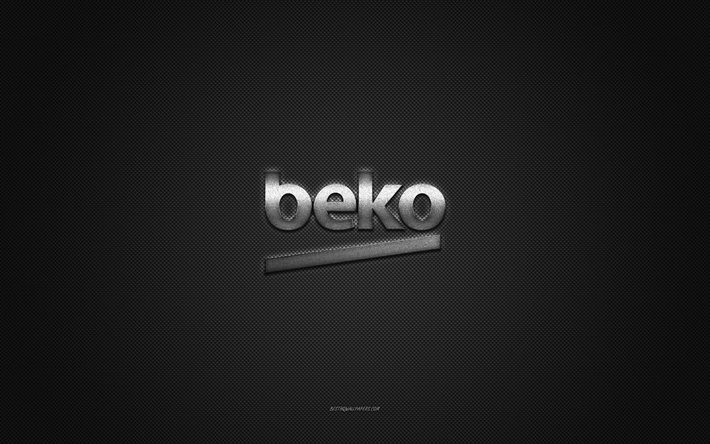 beko-logo, silbern gl&#228;nzendes logo, beko-metallemblem, graue kohlefaserstruktur, beko, marken, kreative kunst, beko-emblem