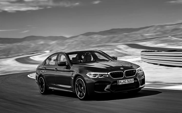 BMW M5, 2018, F90, vista frontale, nero nuovo M5, strada, velocit&#224;, le auto tedesche, BMW