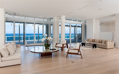 stylish spacious living room, light interior design, modern design, country house, white orchids, penthouse, villa