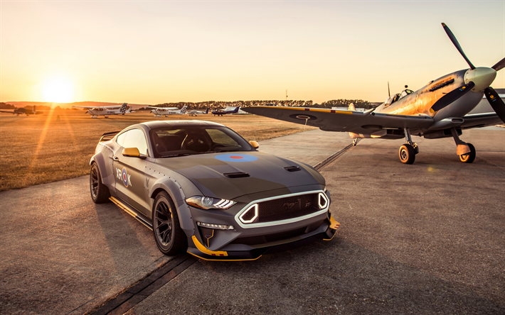 Ford Mustang GT, 2018, Eagle Squadron, Mustang RTR, harmaa matta urheilu coupe, Mustang tuning, American sports autot, sunset, Ford