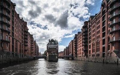 Hamburg, Speicherstadt, summer, harbor, old houses, landmarks, Germany