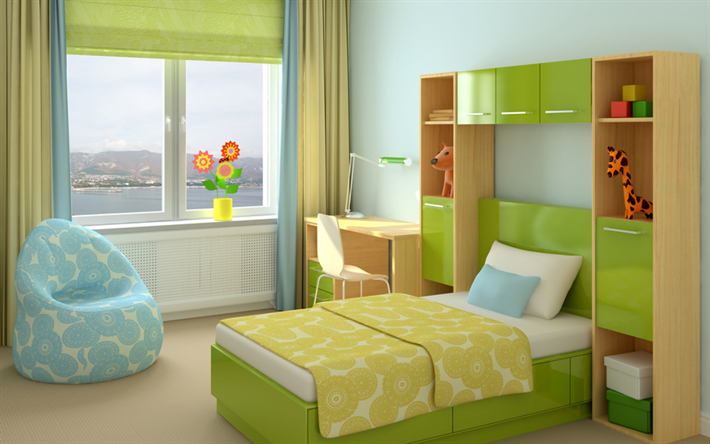 interior do quarto infantil, verde cores, moderno design interior elegante, desenho universal