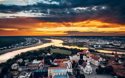 Kaunas, şehir, yaz, akşam, Neman Nehri, Litvanya