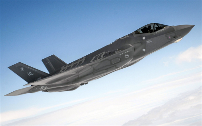 Lockheed Martin F-35 Lightning II, US Air Force, American fighter-bomber, military aircraft in the sky, flight, F-35, USA