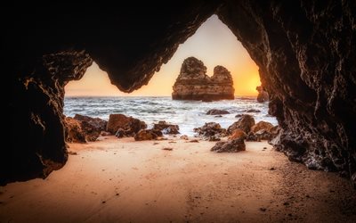 grotto, seascape, sunset, cave, sea, evening, rocks, waves