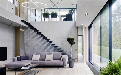 elegante interior da villa, design moderno, sala de estar, preto elegante escadaria, cinzento paredes, estilo loft