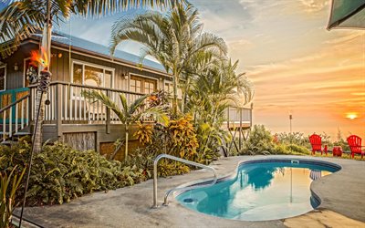 evening, sunset, summer, country house, pool, Hawaii, USA, Hawaiian lantern
