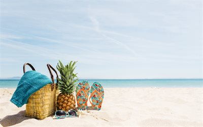 stranden tillbeh&#246;r, saker, sommar, resten, beach, sand, resa i sommar, stranden skor, ananas, v&#228;ska, glas&#246;gon