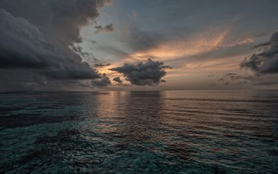 kv&#228;ll, seascape, sunset, Egeiska Havet, molnen