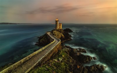 Vierge island, lighthouse, evening, seascape, sunset, France, ocean, Celtic sea