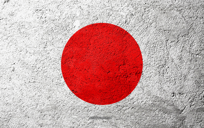 Flagga Japan, konkret struktur, sten bakgrund, Japans flagga, Asien, Japan, flaggor p&#229; sten, Flagga japansk