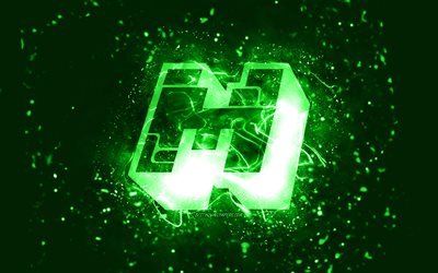 Minecraft yeşil logo, 4k, yeşil neon ışıklar, yaratıcı, yeşil soyut arka plan, Minecraft logosu, &#231;evrimi&#231;i oyunlar, Minecraft