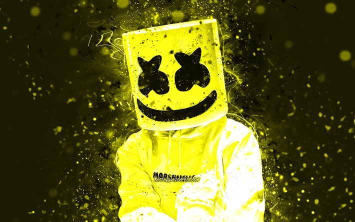 4k, Christopher Comstock, fan art, DJ Marshmello, n&#233;on jaune, DJ am&#233;ricain, superstars, Marshmello 4K, fond abstrait jaune, stars de la musique, Marshmello, DJs