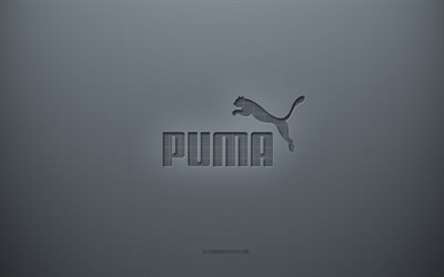 puma-logo, grauer kreativer hintergrund, puma-emblem, graue papiertextur, puma, grauer hintergrund, puma 3d-logo