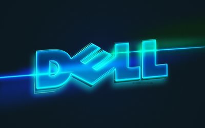 Dell logosu, ışık sanatı, Dell amblemi, mavi ışık çizgisi arka planı, Dell neon logosu, yaratıcı sanat, Dell