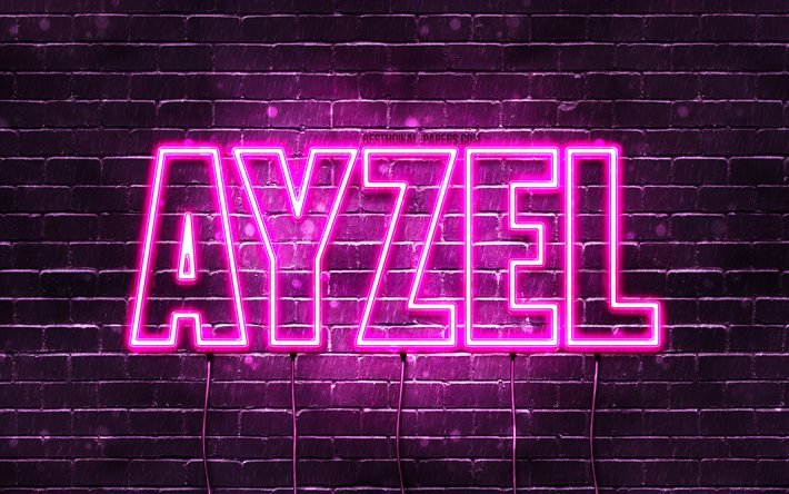 Ayzel, 4k, bakgrundsbilder med namn, kvinnliga namn, Ayzel namn, lila neonljus, Grattis p&#229; f&#246;delsedagen Ayzel, popul&#228;ra arabiska kvinnliga namn, bild med Ayzel namn