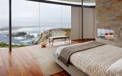 camera da letto, design degli interni elegante, stile loft, camino in camera da letto, splendida vista dalla finestra, progetto camera da letto