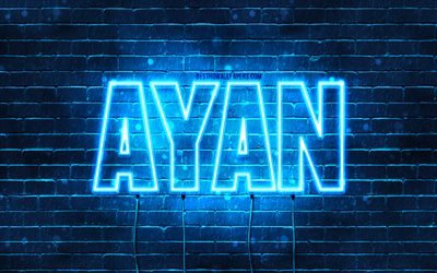 Ayan, 4k, wallpapers with names, Ayan name, blue neon lights, Happy Birthday Ayan, popular arabic male names, picture with Ayan name
