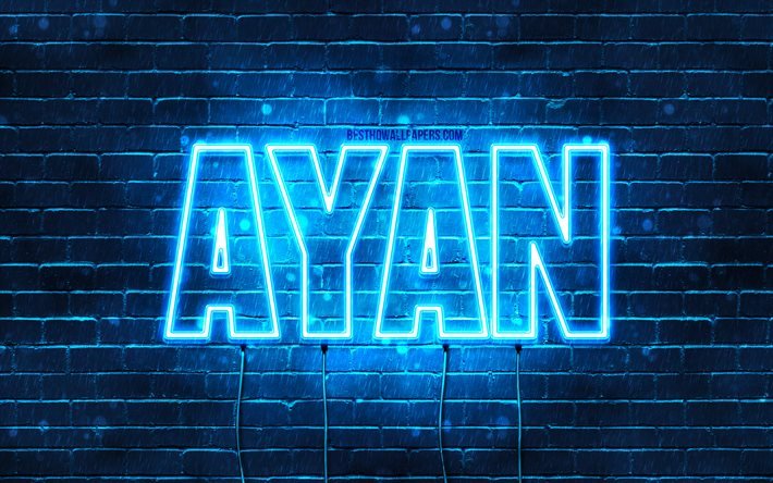 Ayan, 4k, fonds d’&#233;cran avec des noms, nom Ayan, n&#233;ons bleus, Joyeux anniversaire Ayan, noms masculins arabes populaires, image avec le nom Ayan