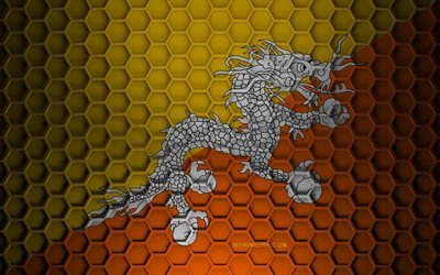Drapeau bhoutanais, texture hexagones 3D, Bhoutan, texture 3D, drapeau Bhoutan 3D, texture m&#233;tallique, drapeau du Bhoutan