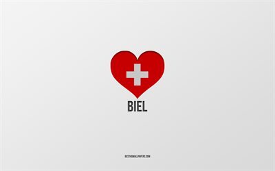 J’aime Bienne, Villes suisses, Jour de Bienne, fond gris, Bienne, Suisse, Cœur du drapeau suisse, Villes pr&#233;f&#233;r&#233;es, Bienne d’amour