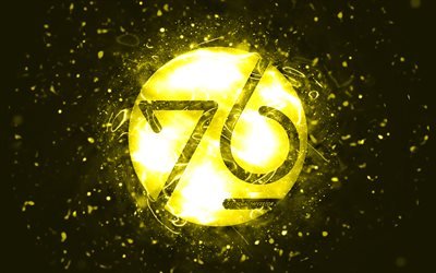 system76 logo giallo, 4k, luci al neon gialle, Linux, creativo, sfondo astratto giallo, logo system76, sistema operativo, system76