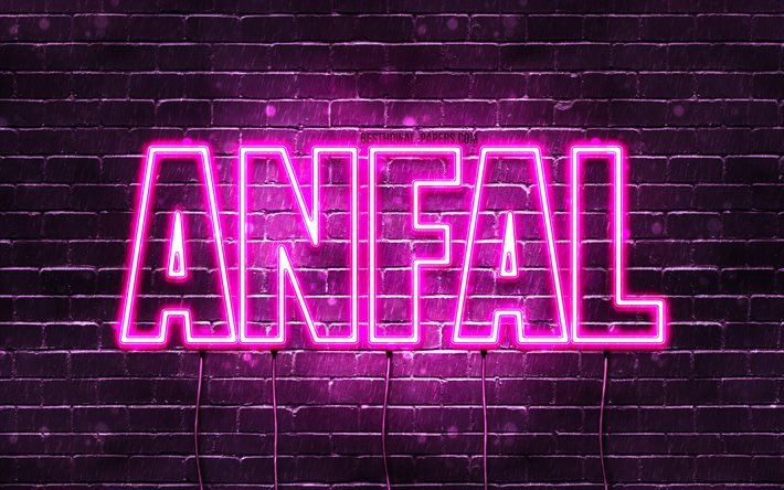 Anfal, 4k, wallpapers with names, female names, Anfal name, purple neon lights, Happy Birthday Anfal, popular arabic female names, picture with Anfal name