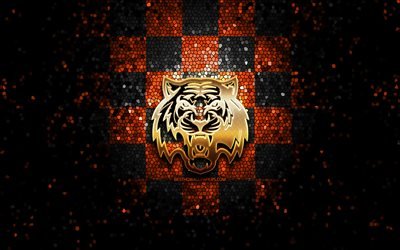 HC Amur Khabarovsk, logo glitterato, KHL, sfondo a scacchi nero arancione, hockey, Kontinental Hockey League, logo HC Amur Khabarovsk, arte del mosaico, squadra di hockey russa, Amur Khabarovsk