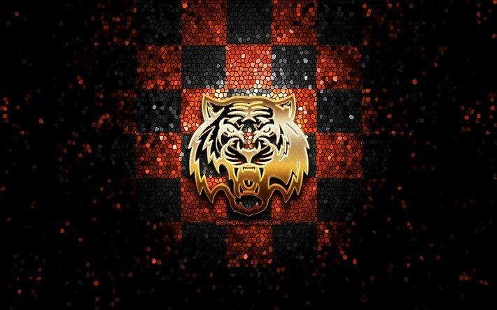 HC Amur Khabarovsk, glitter logo, KHL, orange black checkered background, hockey, Kontinental Hockey League, HC Amur Khabarovsk logo, mosaic art, russian hockey team, Amur Khabarovsk