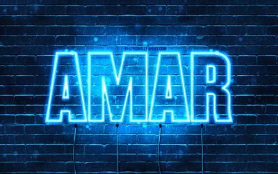 Amar, 4k, fonds d&#39;&#233;cran avec des noms, nom Amar, n&#233;ons bleus, joyeux anniversaire Amar, noms masculins arabes populaires, photo avec nom Amar