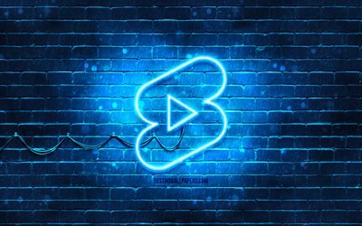 Youtube şort mavi logo, 4k, mavi neon ışıklar, yaratıcı, mavi soyut arka plan, Youtube şort logosu, sosyal ağ, Youtube şort