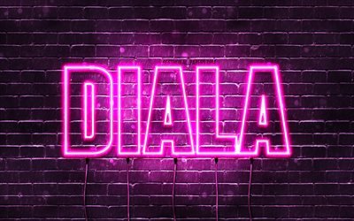 Diala, 4k, bakgrundsbilder med namn, kvinnliga namn, Diala namn, lila neonljus, Grattis p&#229; f&#246;delsedagen Diala, popul&#228;ra arabiska kvinnliga namn, bild med Diala namn