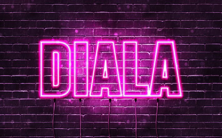 Diala, 4k, pap&#233;is de parede com nomes, nomes femininos, nome Diala, luzes de n&#233;on roxas, Happy Birthday Diala, nomes femininos &#225;rabes populares, imagem com o nome Diala