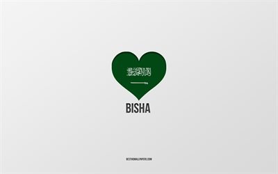 J&#39;aime Bisha, villes d&#39;Arabie Saoudite, Jour de Bisha, Arabie Saoudite, Bisha, fond gris, coeur de drapeau d&#39;Arabie Saoudite, Amour Bisha