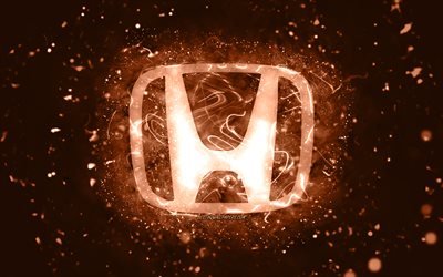 Honda kahverengi logosu, 4k, kahverengi neon ışıkları, yaratıcı, kahverengi soyut arka plan, Honda logosu, otomobil markaları, Honda