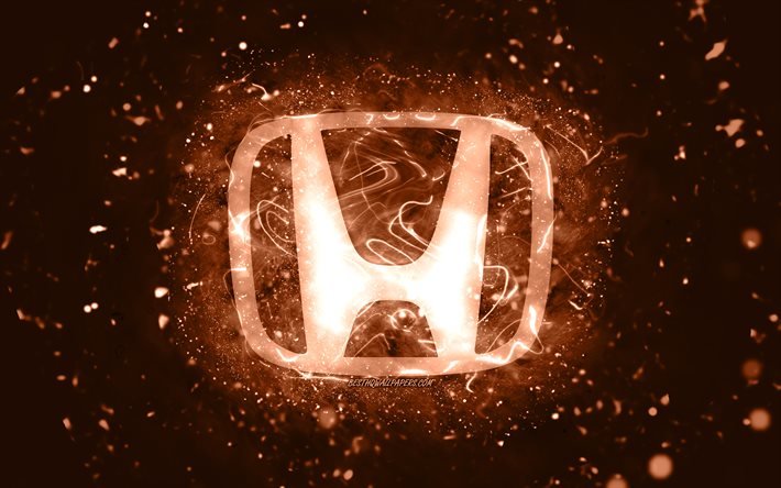 Honda brown logo, 4k, brown neon lights, creative, brown abstract background, Honda logo, cars brands, Honda