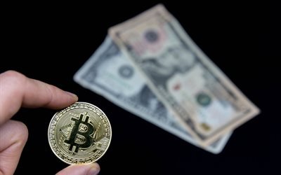 bitcoin, dollari americani, concetti di prezzo bitcoin, criptovaluta, bitcoin sullo sfondo di dollari, concetti finanziari
