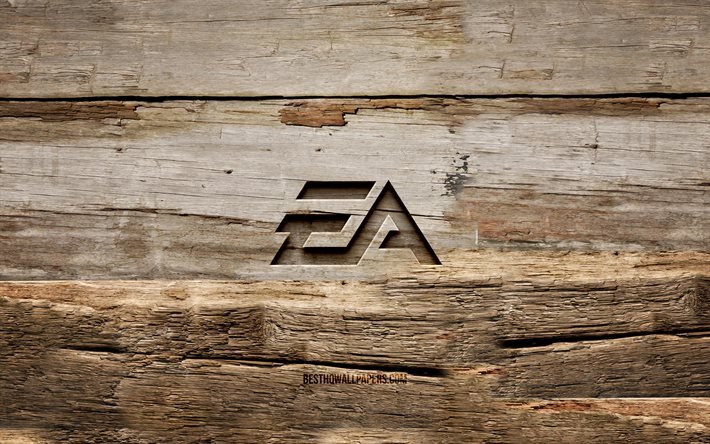 EA Games wooden logo, 4K, wooden backgrounds, brands, EA Games logo, Electronic Arts, creative, wood carving, EA Games