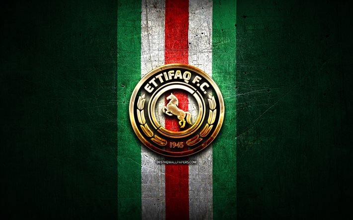 Al Ettifaq FC, logo dorato, Saudi Professional League, verde, metallo, sfondo, calcio, Al-Ettifaq, club di calcio saudita, Al Ettifaq logo