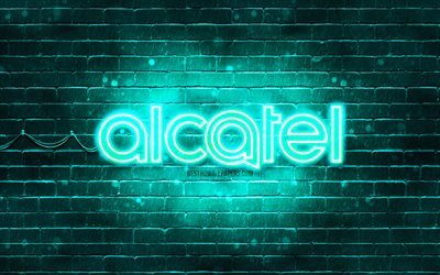 Alcatel turkoosi logo, 4k, turkoosi tiilisein&#228;, Alcatel logo, tuotemerkit, Alcatel neon logo, Alcatel