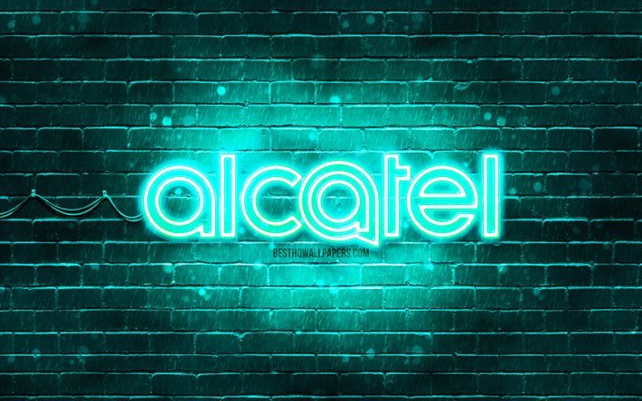 Logo turquoise Alcatel, 4k, mur de briques turquoise, logo Alcatel, marques, logo n&#233;on Alcatel, Alcatel
