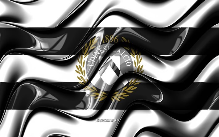 Udinese flag, 4k, white and black 3D waves, Serie A, italian football club, Udinese Calcio, football, Udinese logo, soccer, Udinese FC