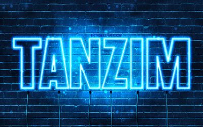 Tanzim, 4k, fonds d&#39;&#233;cran avec des noms, nom Tanzim, n&#233;ons bleus, joyeux anniversaire Tanzim, noms masculins arabes populaires, photo avec nom Tanzim