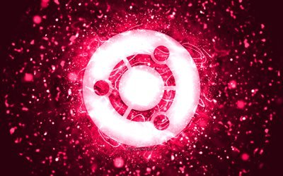 Ubuntu pink logo, 4k, pink neon lights, Linux, creative, pink abstract background, Ubuntu logo, OS, Ubuntu