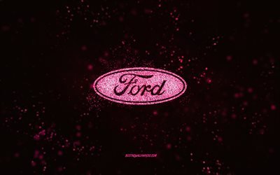 Logo Ford glitter, 4k, sfondo nero, logo Ford, arte glitter rosa, Ford, arte creativa, logo Ford glitter rosa