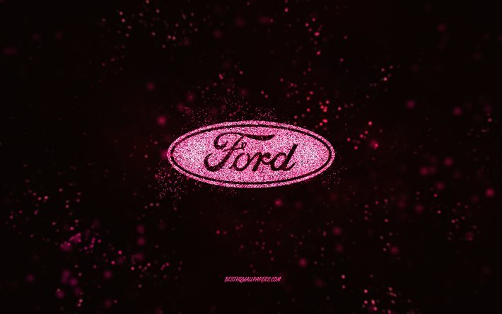 Ford parıltılı logo, 4k, siyah arka plan, Ford logosu, pembe parıltılı sanat, Ford, yaratıcı sanat, Ford pembe parıltılı logo