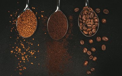 coffee, coffee beans, types of coffee, ground coffee, gray background, coffee in spoons