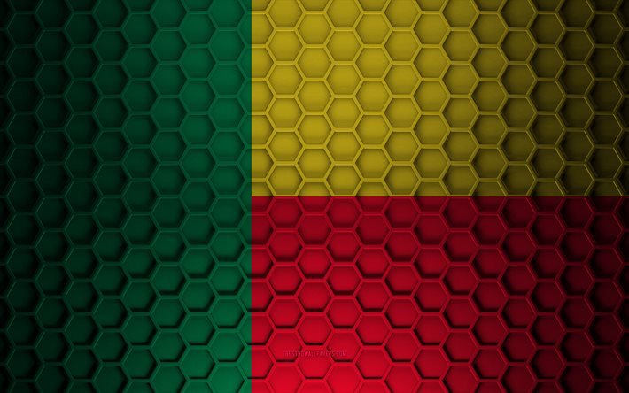 Benin flag, 3d hexagons texture, Benin, 3d texture, Benin 3d flag, metal texture, flag of Benin