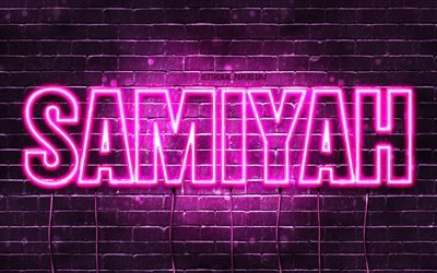Samiyah, 4k, bakgrundsbilder med namn, kvinnliga namn, Samiyah-namn, lila neonljus, Grattis p&#229; f&#246;delsedagen Samiyah, popul&#228;ra arabiska kvinnliga namn, bild med Samiyah-namn