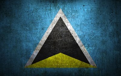 Saint Lucian metallflagga, grunge konst, Nordamerikanska l&#228;nder, Saint Lucia Day, nationella symboler, Saint Lucia flagga, metallflaggor, Nordamerika, Saint Lucian flagga, Saint Lucia